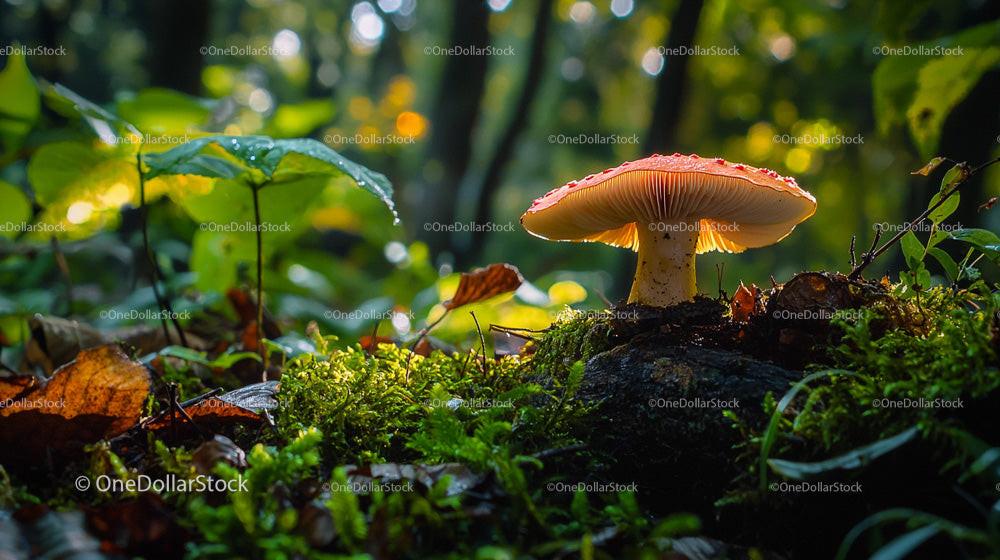 Red Cap Mushroom Growing in Lush Forest Floor