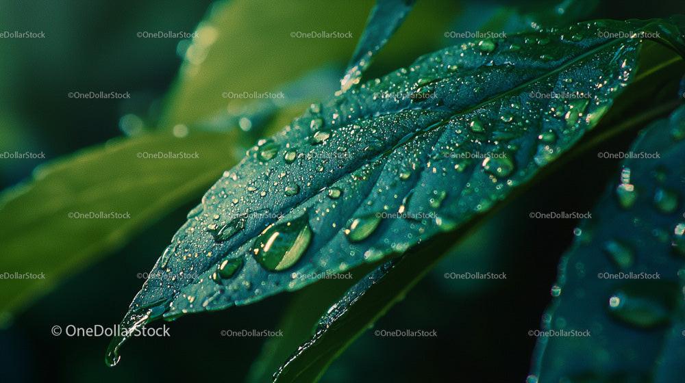 Closeup of Fresh Green Leaf with Morning Dew Droplets