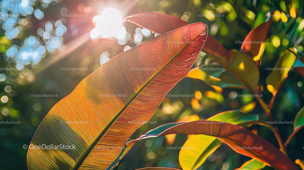 Sunlit Tropical Leaf with Vibrant Colors in a Lush Garden