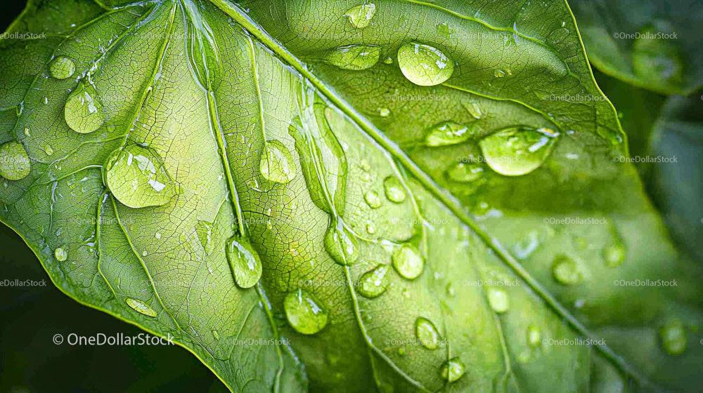 Green Leaf with Fresh Water Droplets Close-Up