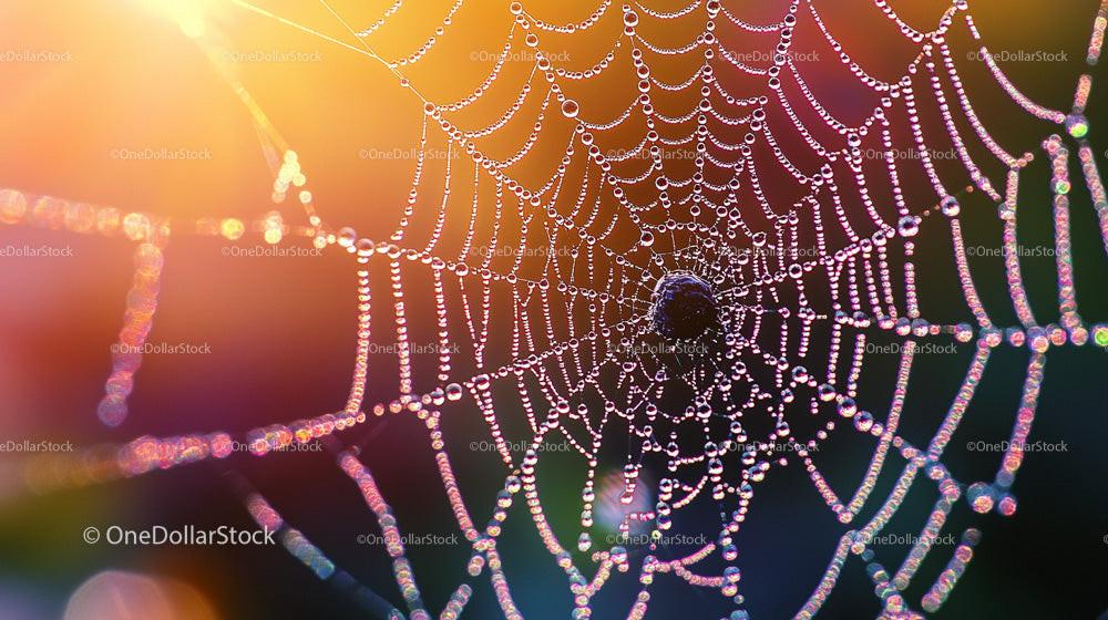 Dew-Covered Spiderweb Illuminated by Morning Sunlight