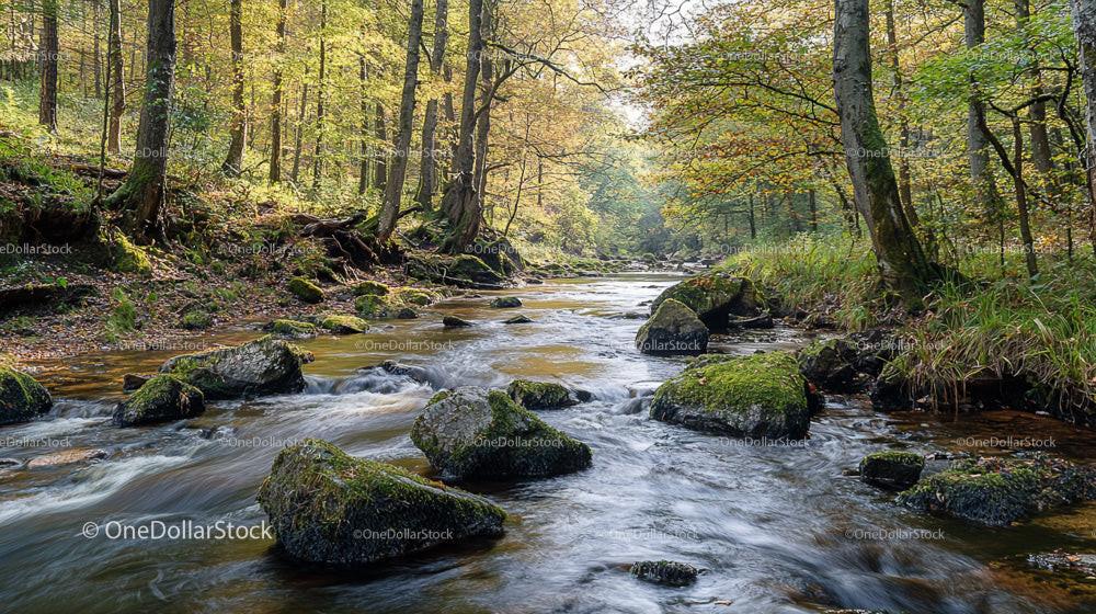 Autumn Stream Flowing Through a Tranquil Woodland