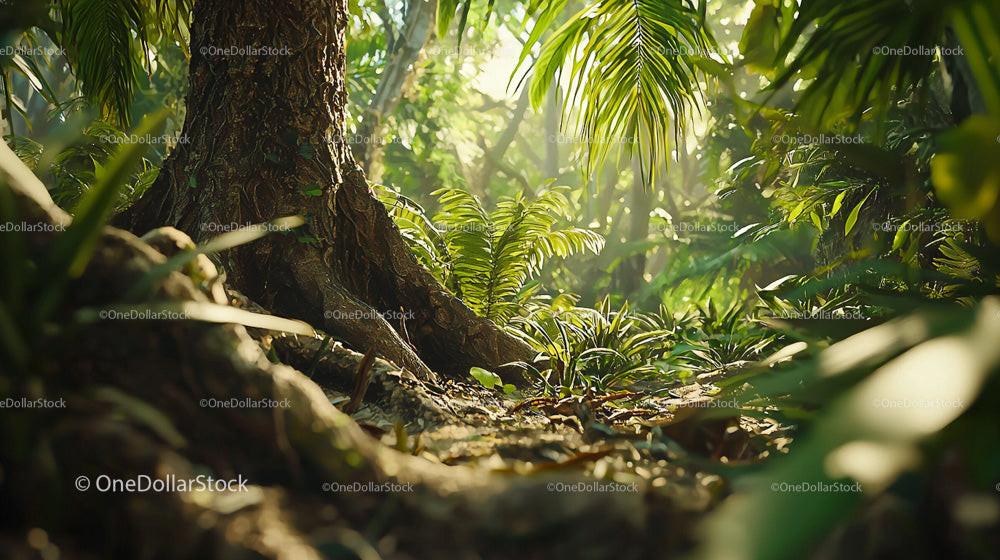 Sunlit Tropical Jungle with Dense Green Foliage