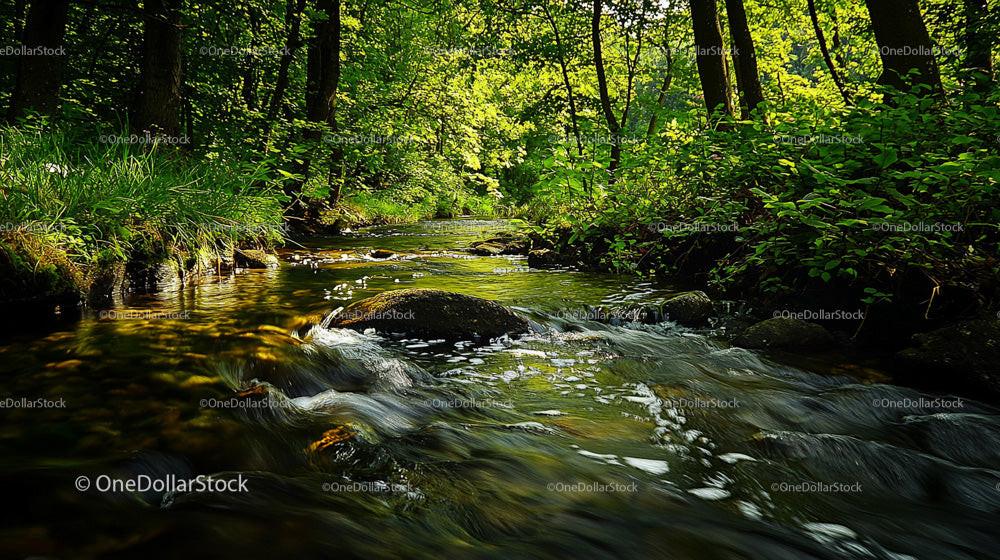 Tranquil Forest Stream Surrounded by Lush Greenery