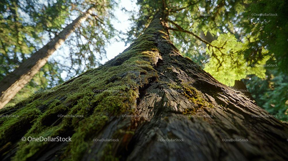 Majestic Tree Trunk in Sunlit Forest Perspective