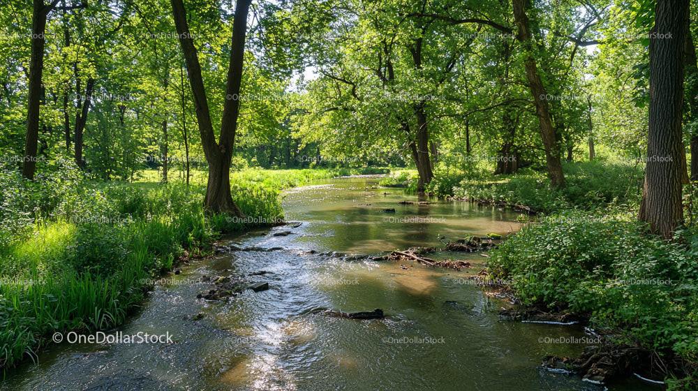 Tranquil Forest Stream with Lush Greenery and Sunlight