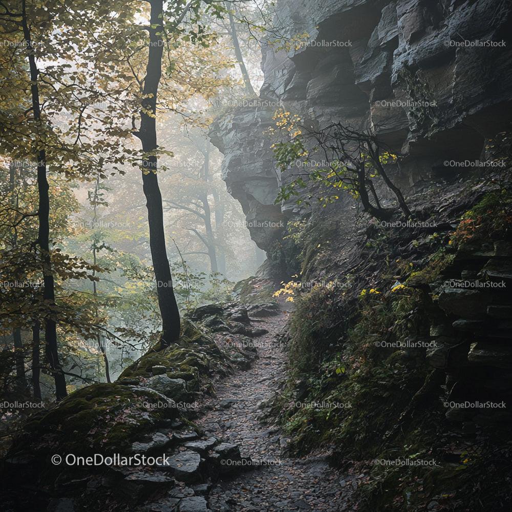Misty Forest Path through Rocky Autumn Landscape