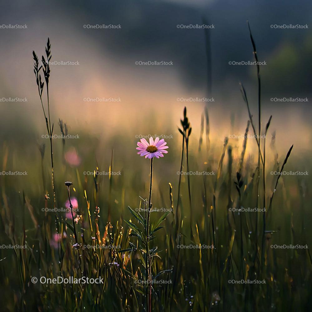 Pink Daisy in Morning Light of a Tranquil Meadow