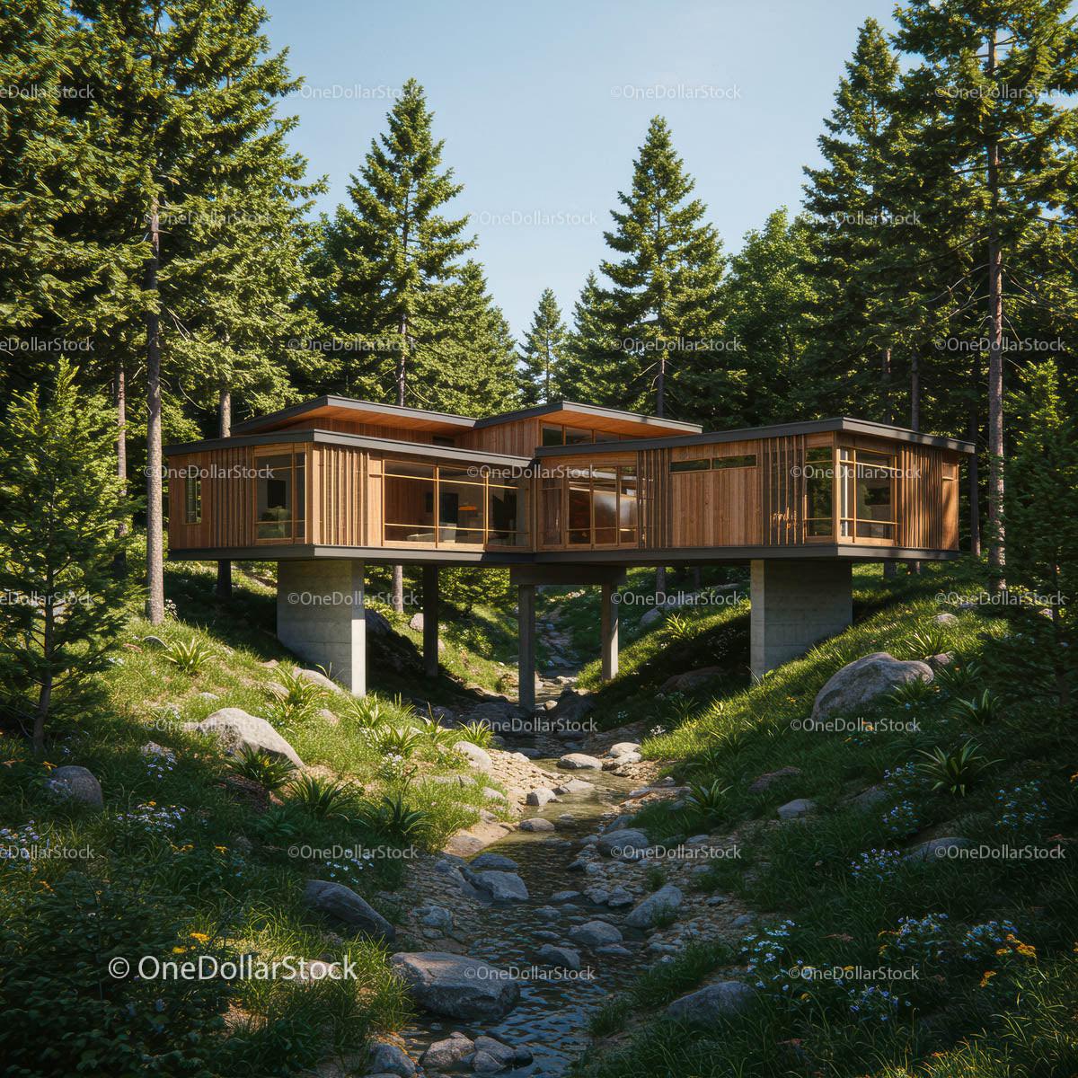 Modern Wooden Cabin Surrounded by Pine Trees