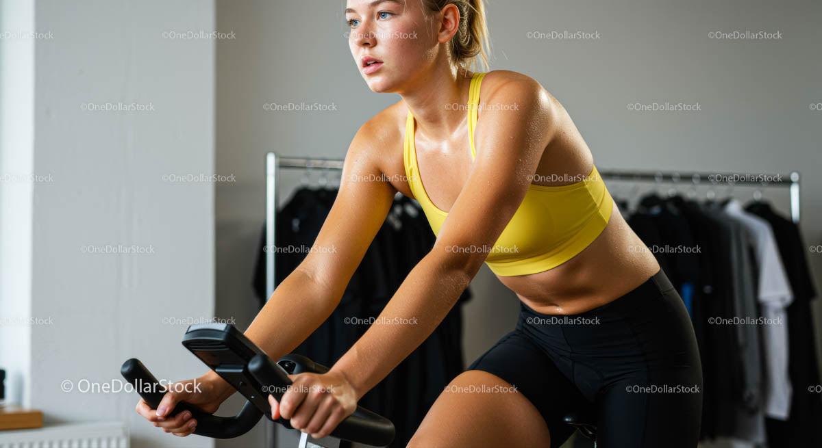 Woman Exercising on Indoor Bike in Yellow Sportswear