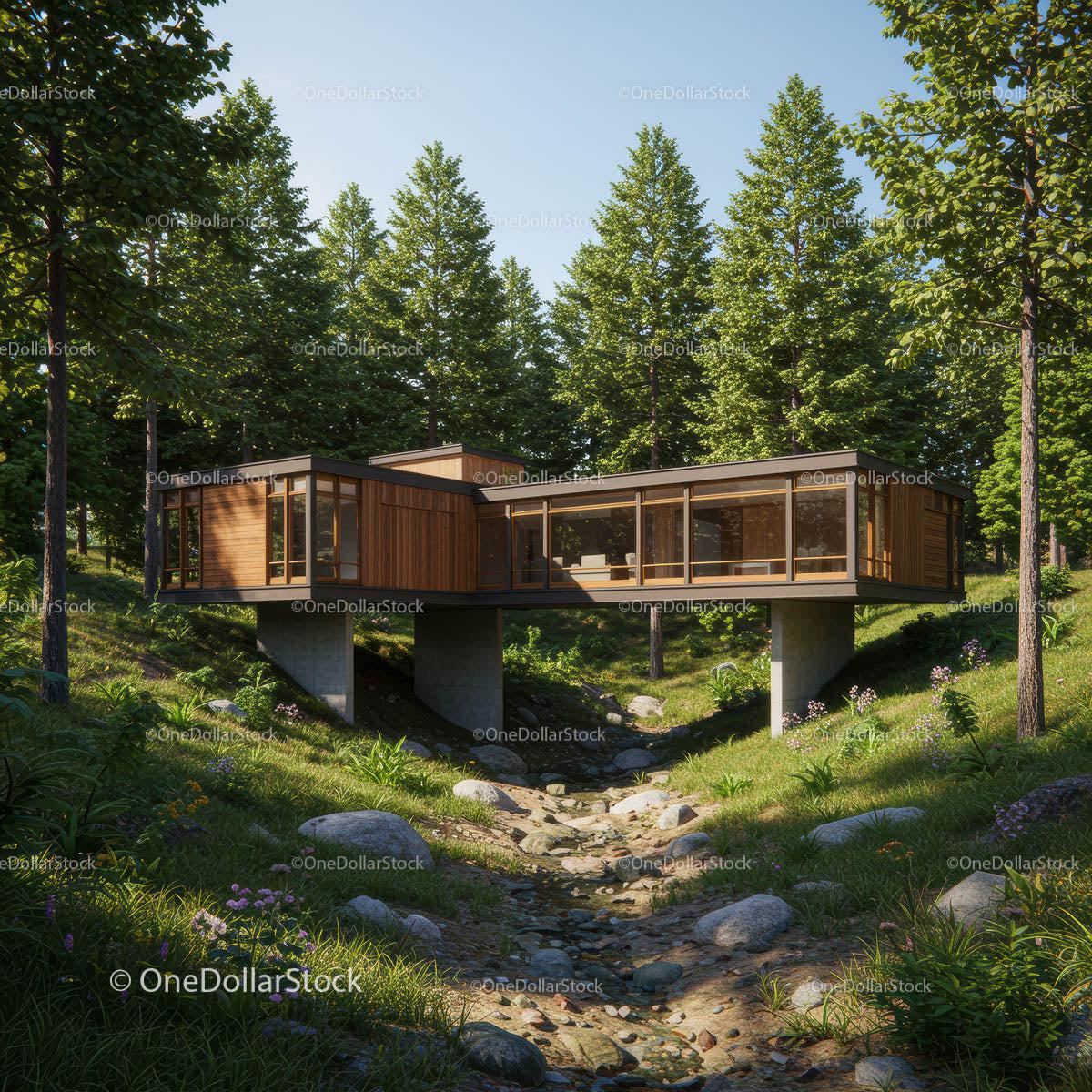 Modern Wooden House in a Serene Forest Setting