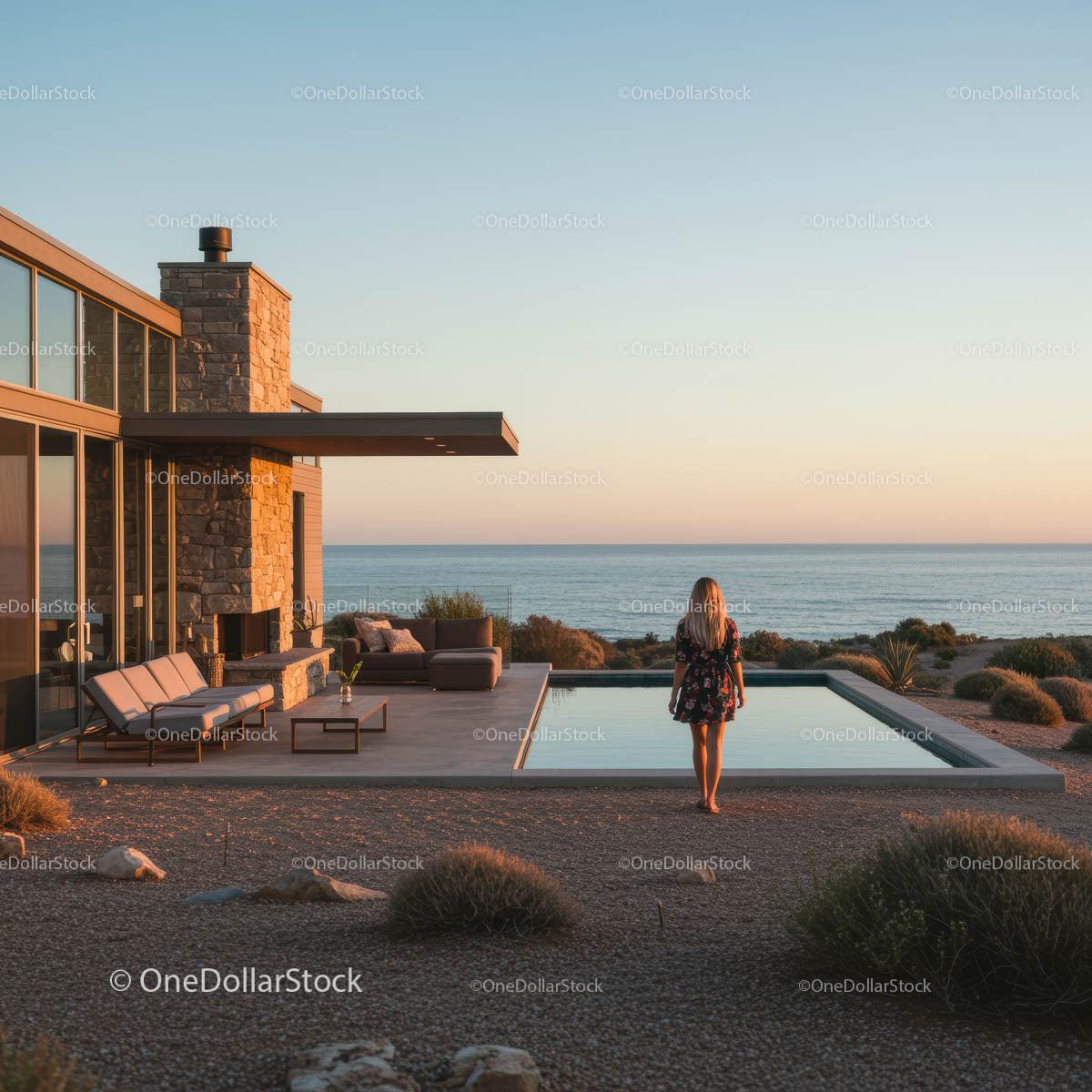 Woman Standing by Infinity Pool at Sunset with Ocean View