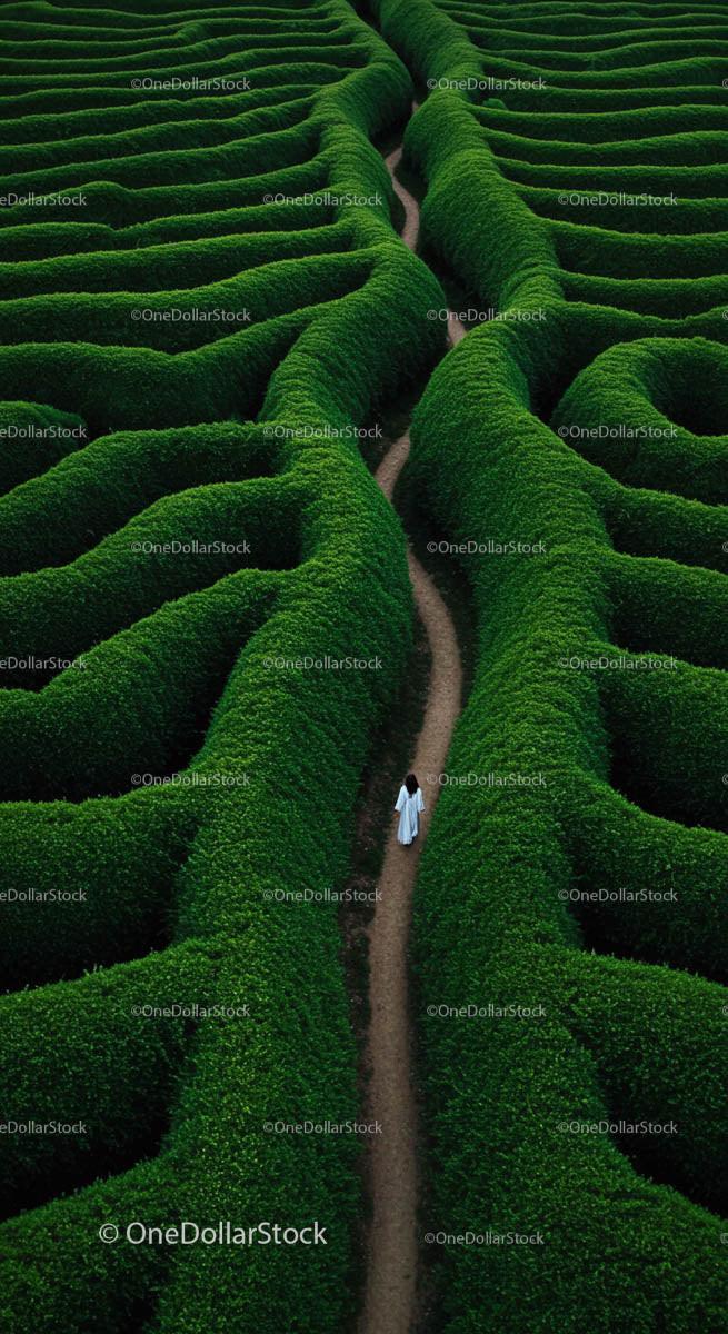 Woman in White Navigates Green Hedge Maze