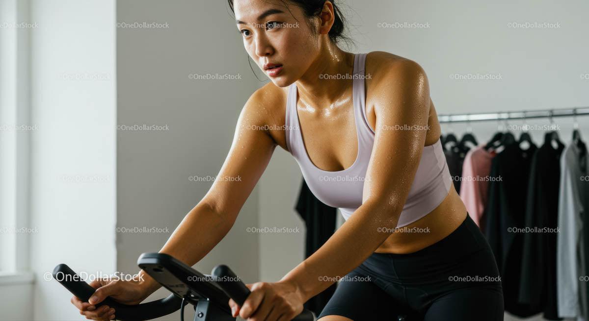 Focused Woman Cycling During Intense Workout Session