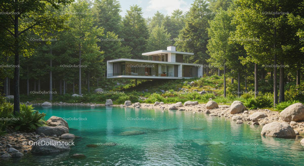 Modern Glass House Surrounded by Tranquil Forest Scene