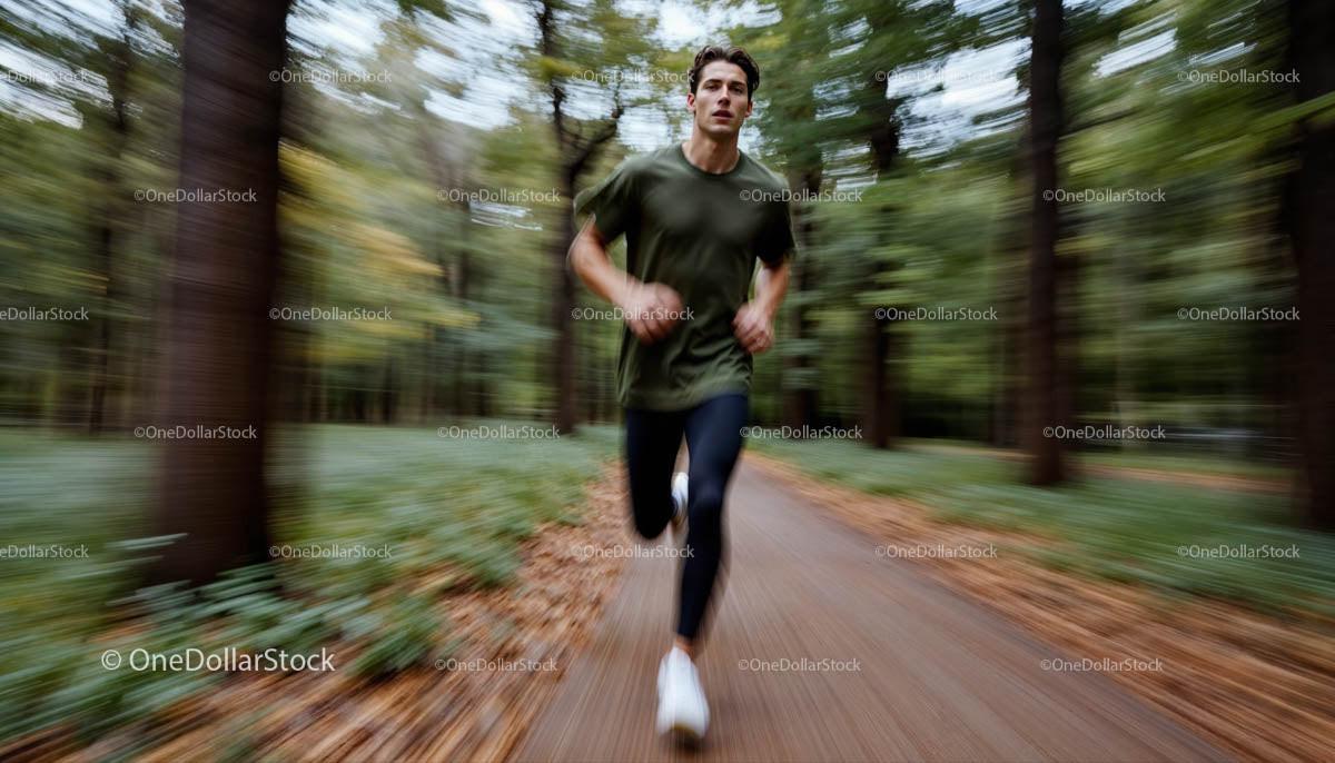 Young Athletic Man Running Through a Vibrant Forest Path