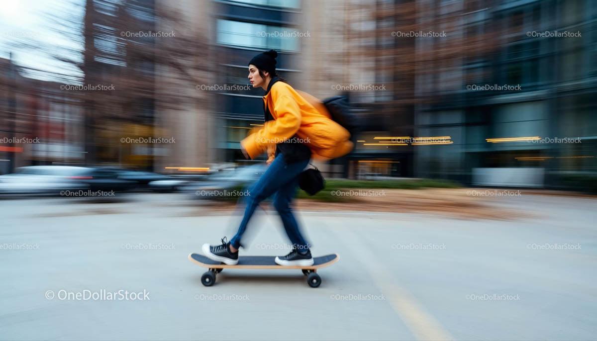 Young Woman Skateboarding through City Streets