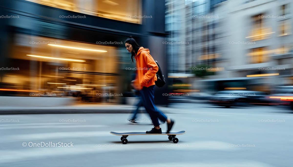 Young Woman Skateboarding in the Urban Cityscape