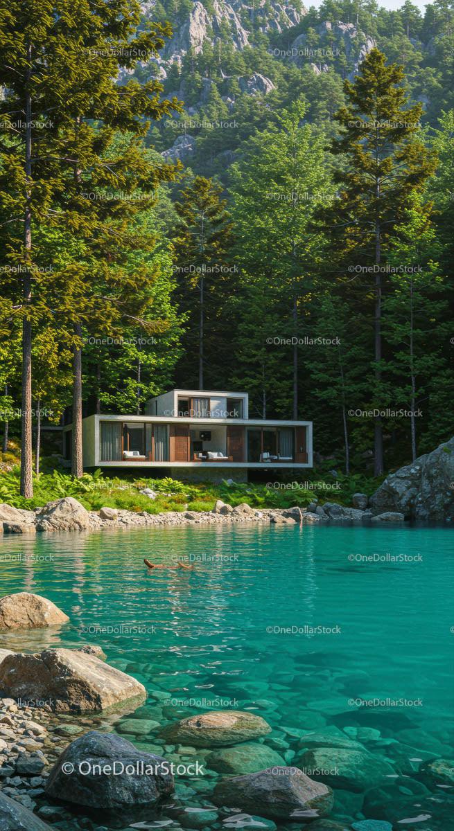 Modern Cabin by Serene Lake in Verdant Forest Setting