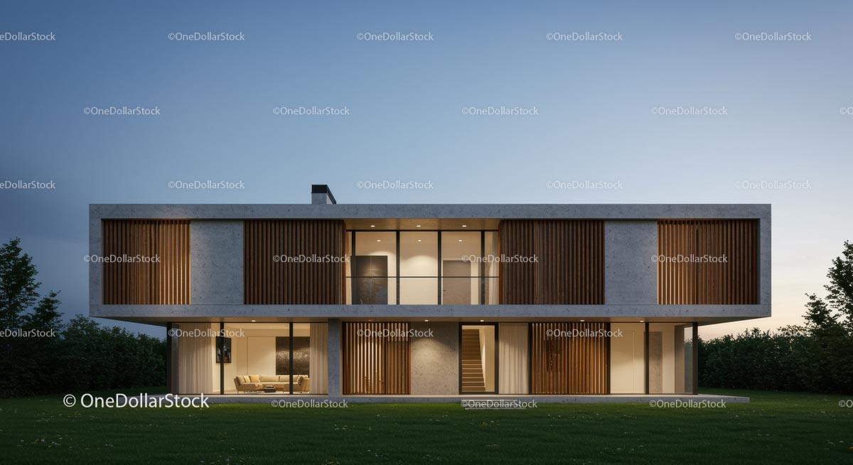 Modern Luxury Home with Wooden Accents at Dusk Stock Photo Bundle preview