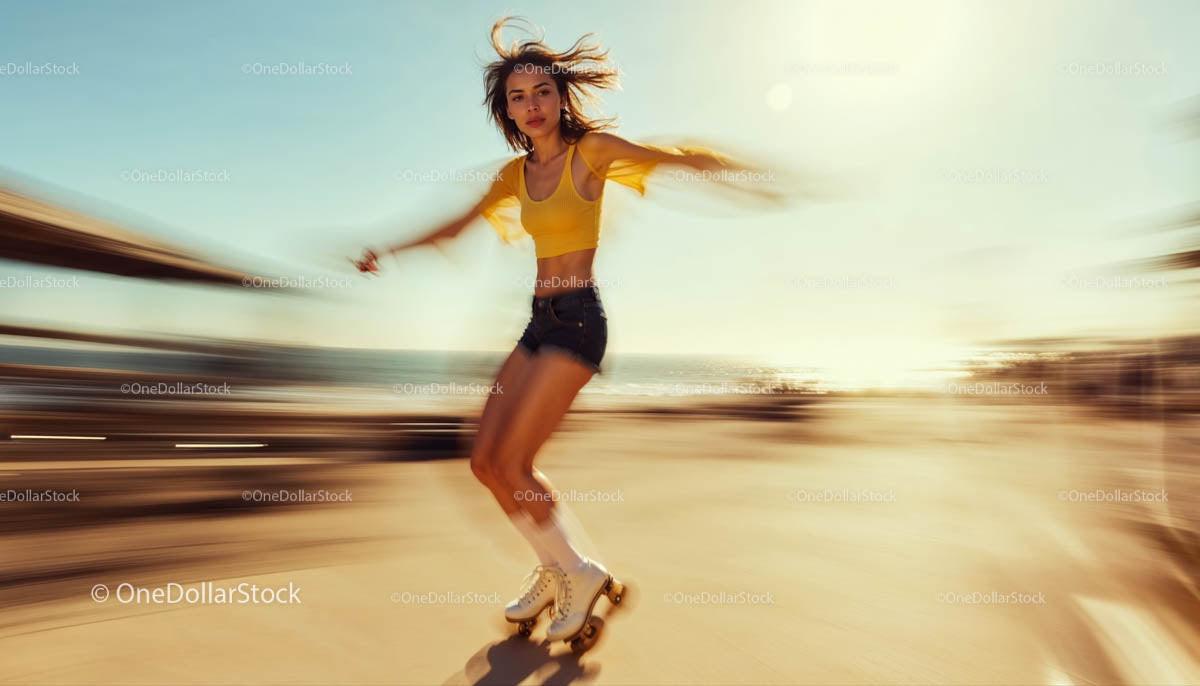 Young Woman Roller Skating on a Sunny Beachside Path