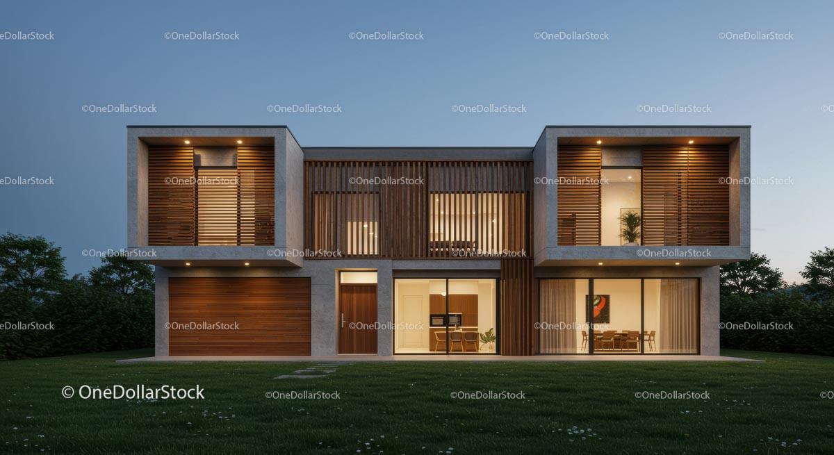 Modern Luxury Home with Wooden Accents at Dusk 16 JPG Files digital asset preview