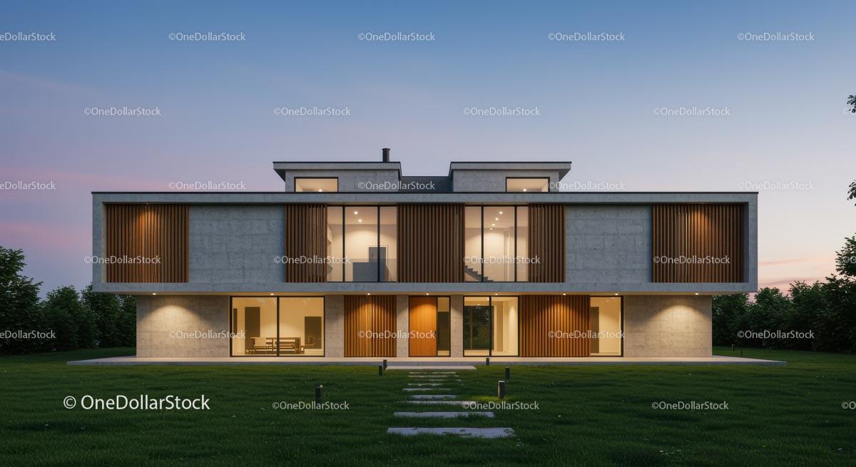 stock photo bundle made with Modern Luxury Home with Wooden Accents at Dusk Stock Photo Bundle