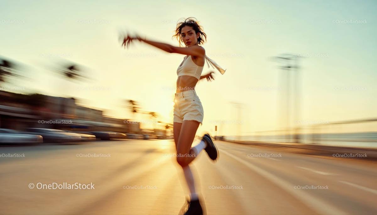 Carefree Dancing Woman on Sunlit City Street