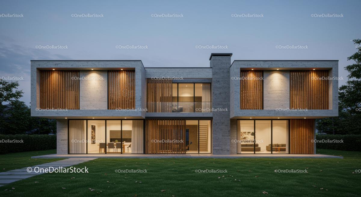 Modern Luxury Home with Wooden Accents at Dusk Stock Photo Bundle preview 5