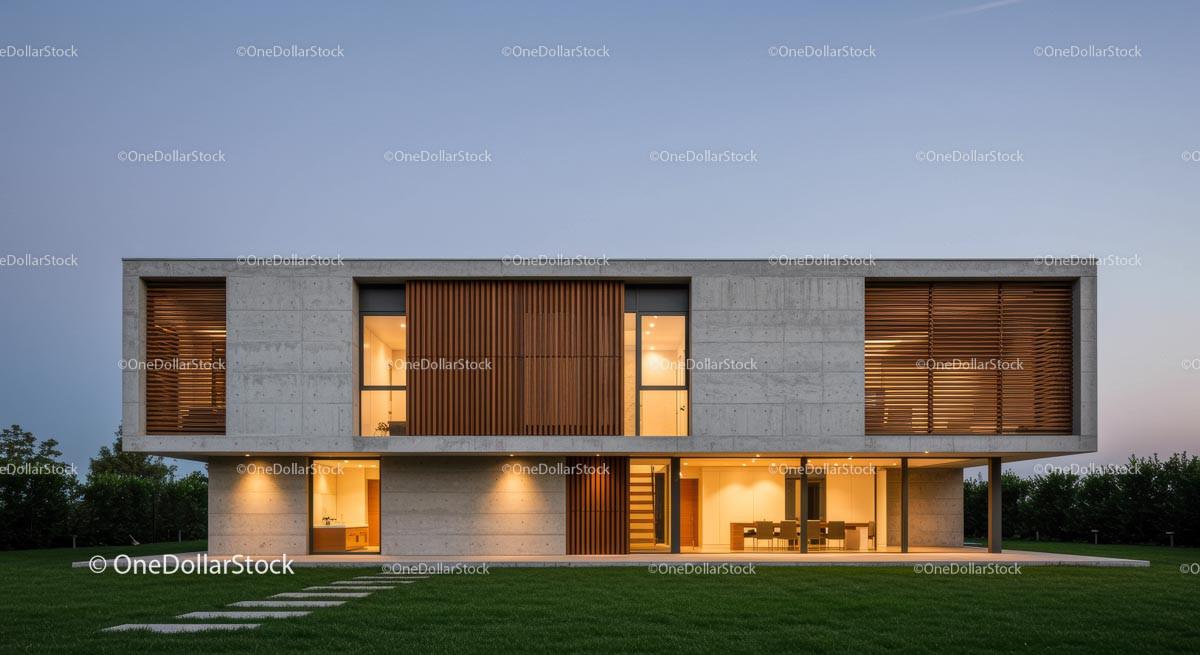 Modern Luxury Home with Wooden Accents at Dusk Stock Photo Bundle preview 6
