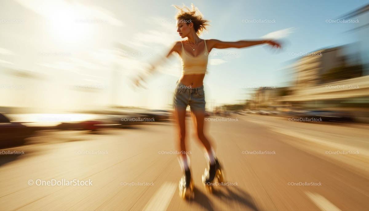 Woman Roller Skating on a Sunny Urban Street