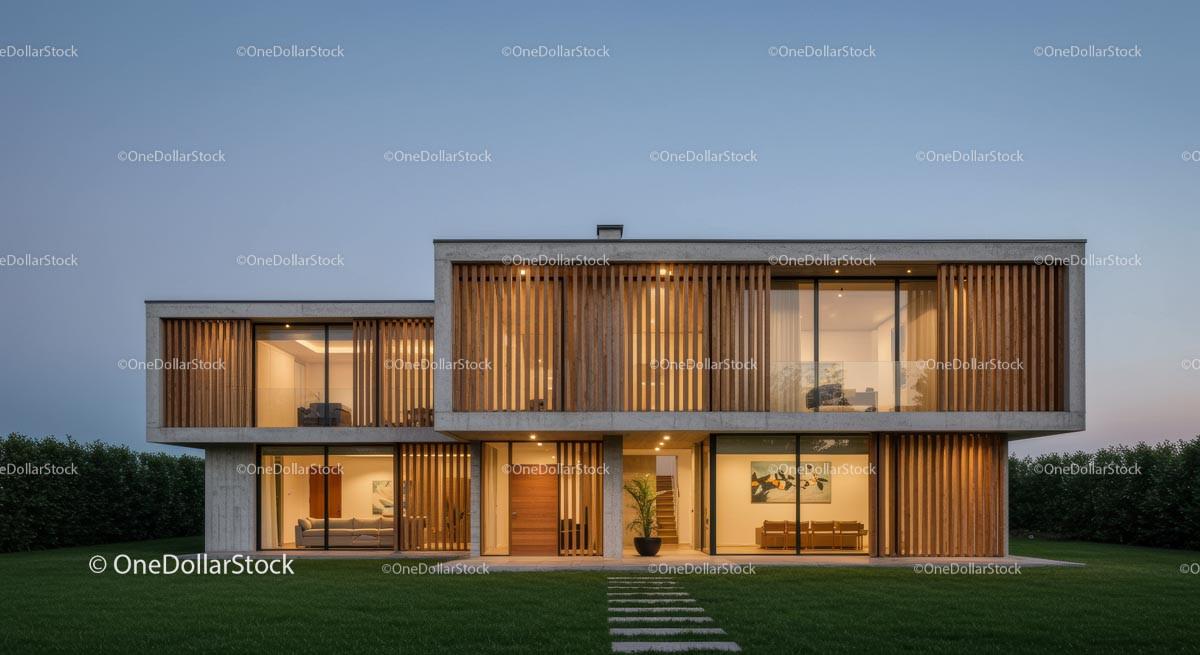 Modern Luxury Home with Wooden Accents at Dusk Stock Photo Bundle preview 7