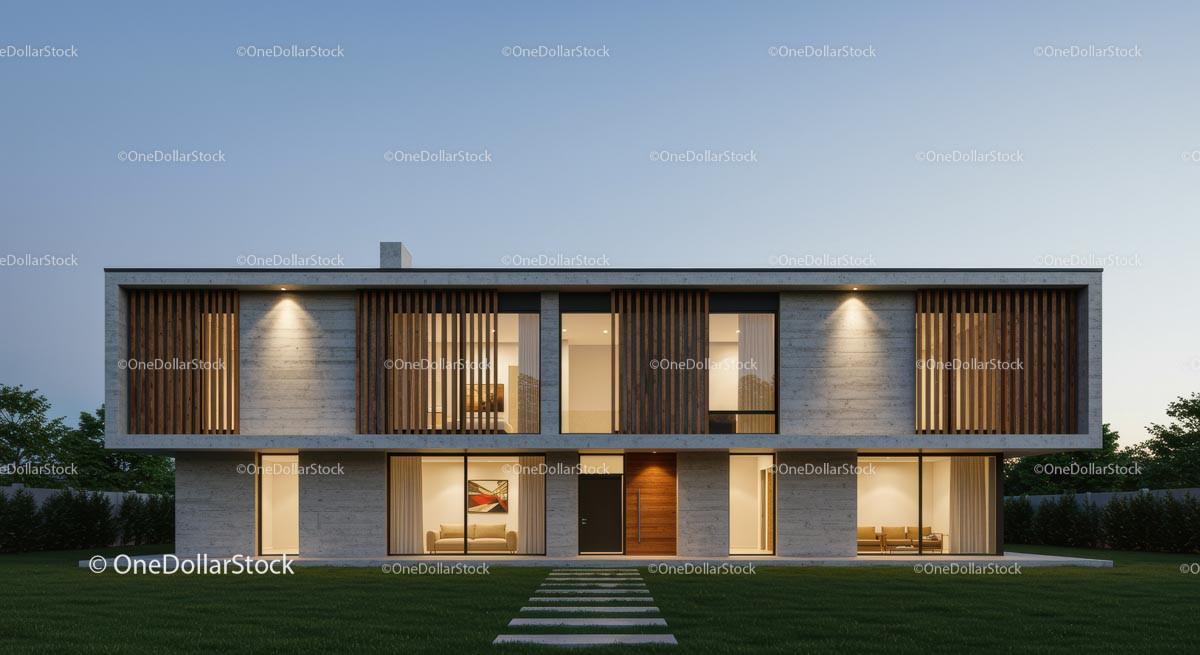 Modern Luxury Home with Wooden Accents at Dusk Stock Photo Bundle preview 8