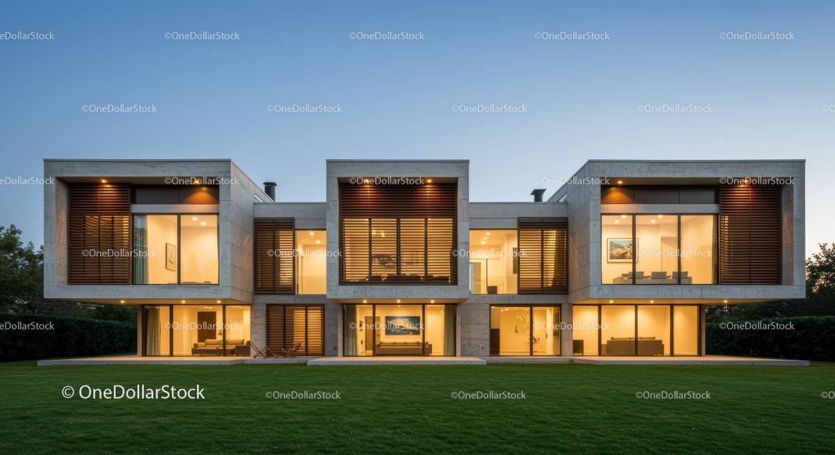 Modern Luxury Home with Wooden Accents at Dusk Stock Photo Bundle preview 10