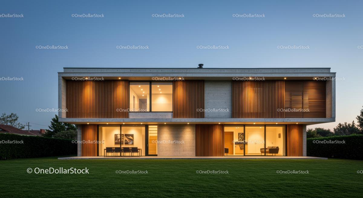Modern Luxury Home with Wooden Accents at Dusk Stock Photo Bundle preview 11