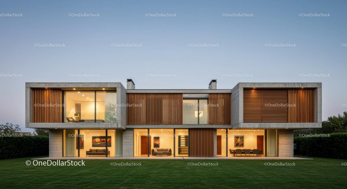 Modern Luxury Home with Wooden Accents at Dusk Stock Photo Bundle preview 12
