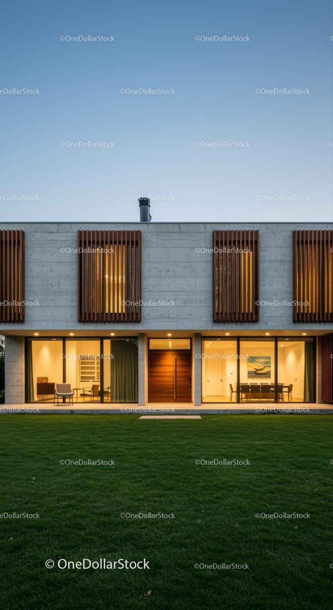 Modern Luxury Home with Wooden Accents at Dusk Stock Photo Bundle preview 15