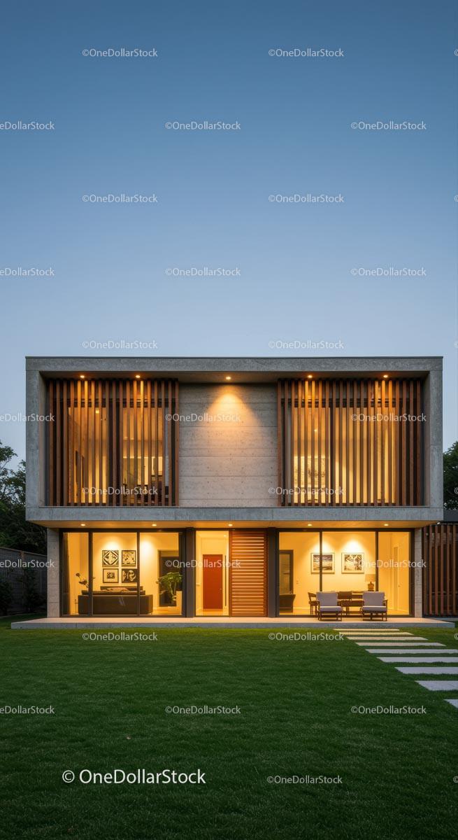 Modern Luxury Home with Wooden Accents at Dusk Stock Photo Bundle preview 16