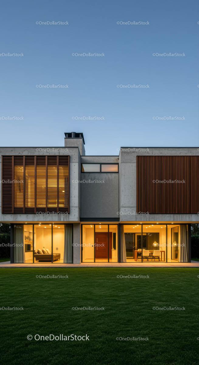 Modern Luxury Home with Large Windows and Evening Lighting