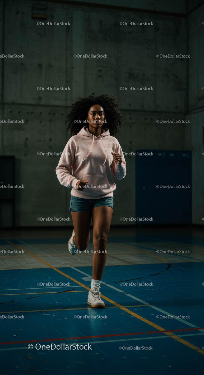Woman Running Indoors Wearing Pink Hoodie and Shorts