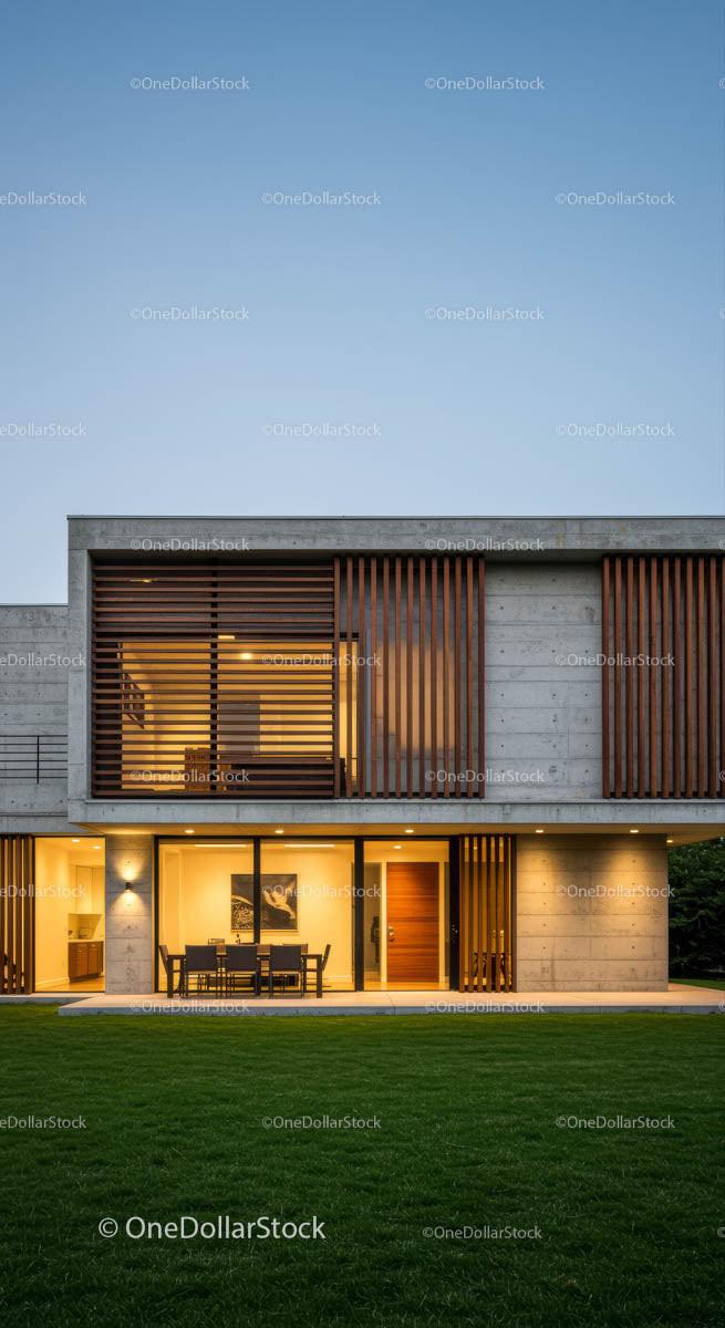 Modern Concrete House with Wooden Accents and Garden View