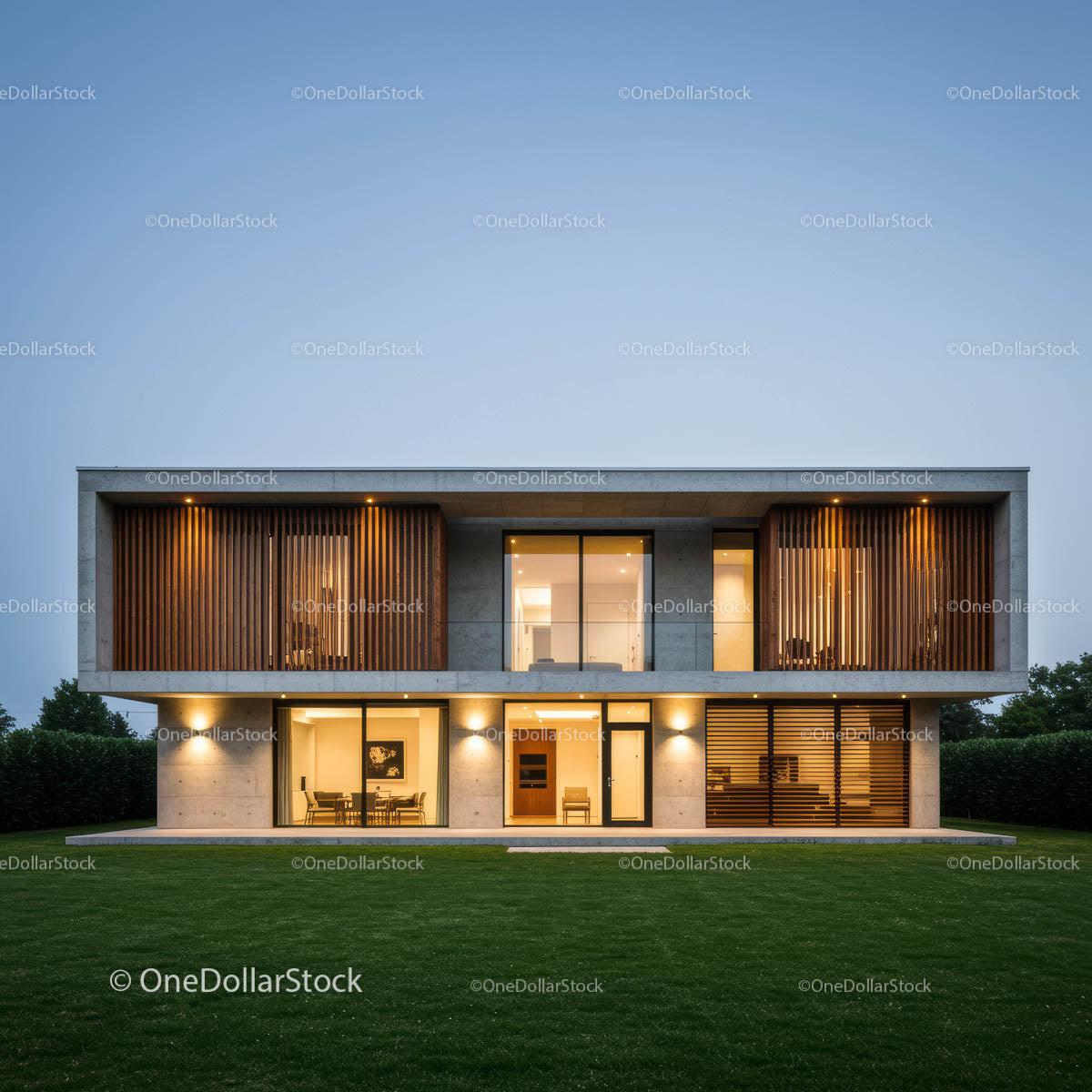 Modern Luxury Home with Wooden Accents at Dusk