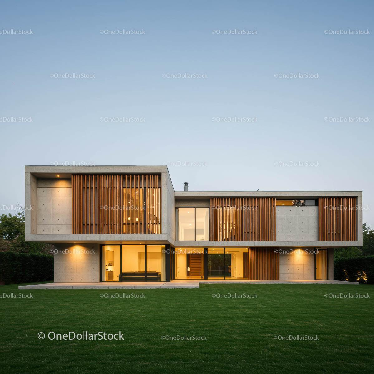 Elegant Modern House with Wooden Accents and Green Lawn