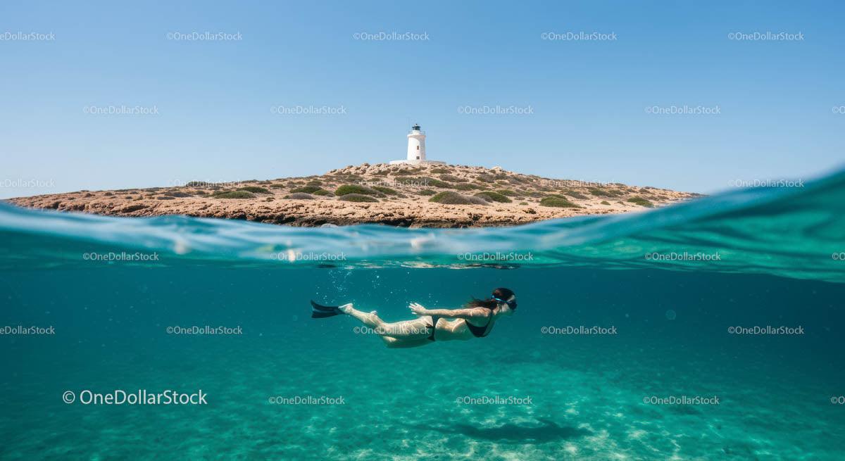 Snorkeler Below Lighthouse on Rocky Island