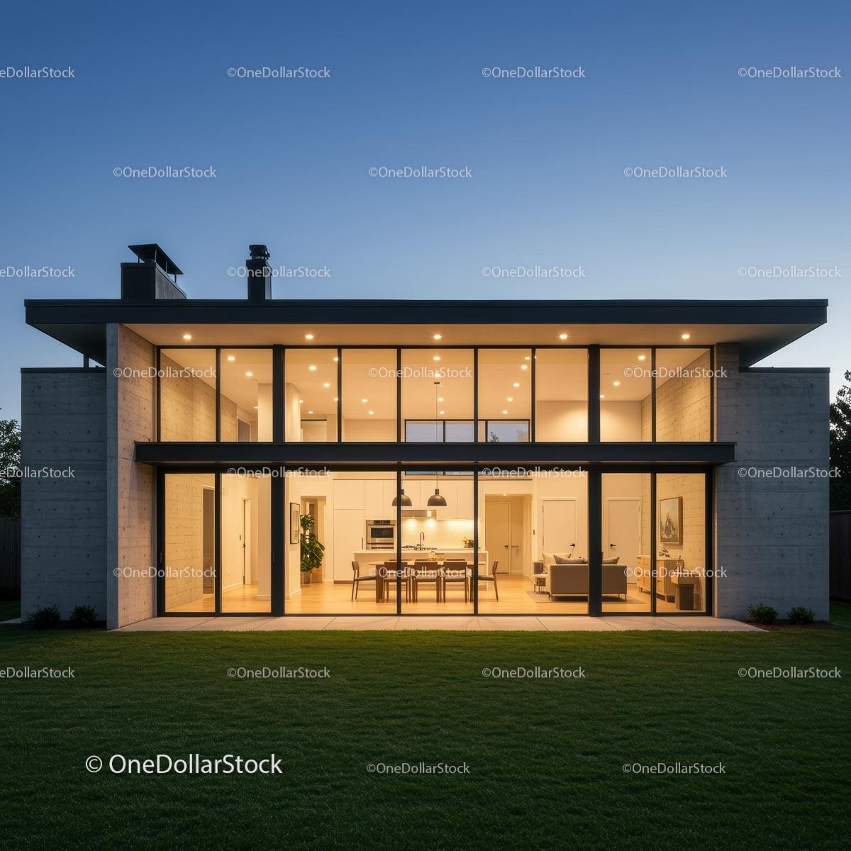 stock photo bundle made with Modern Glass Facade House at Twilight with Illuminated Interior Stock Photo Bundle