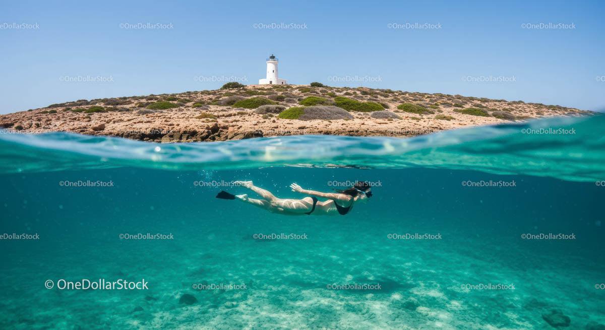 Snorkeler Exploring Clear Waters by Scenic Island Lighthouse