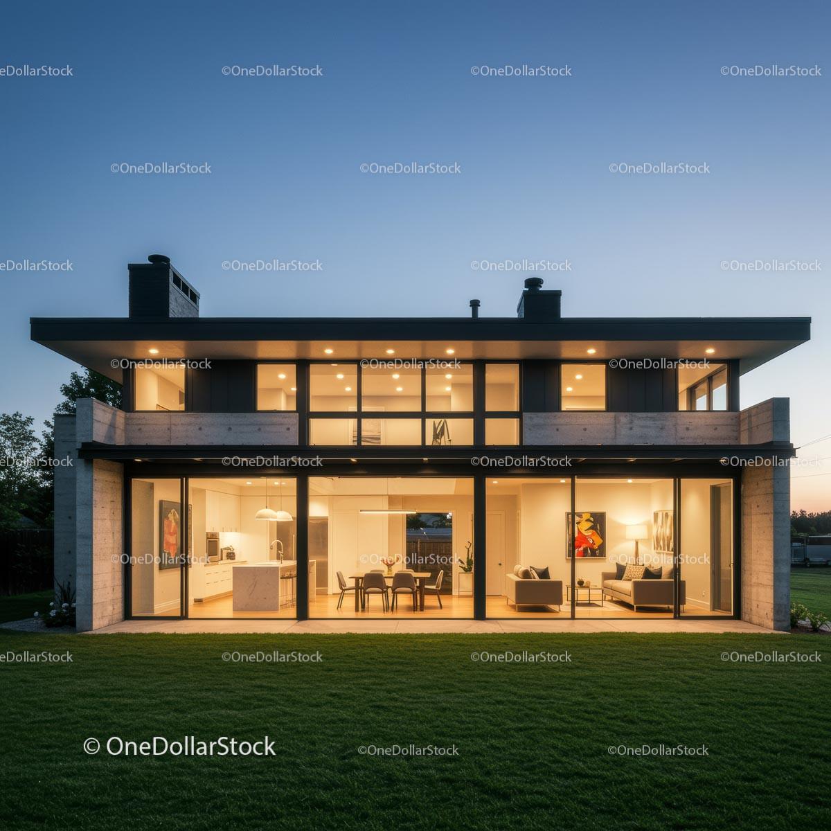 Modern Glass Facade House at Twilight with Illuminated Interior Stock Photo Bundle creative preview 4
