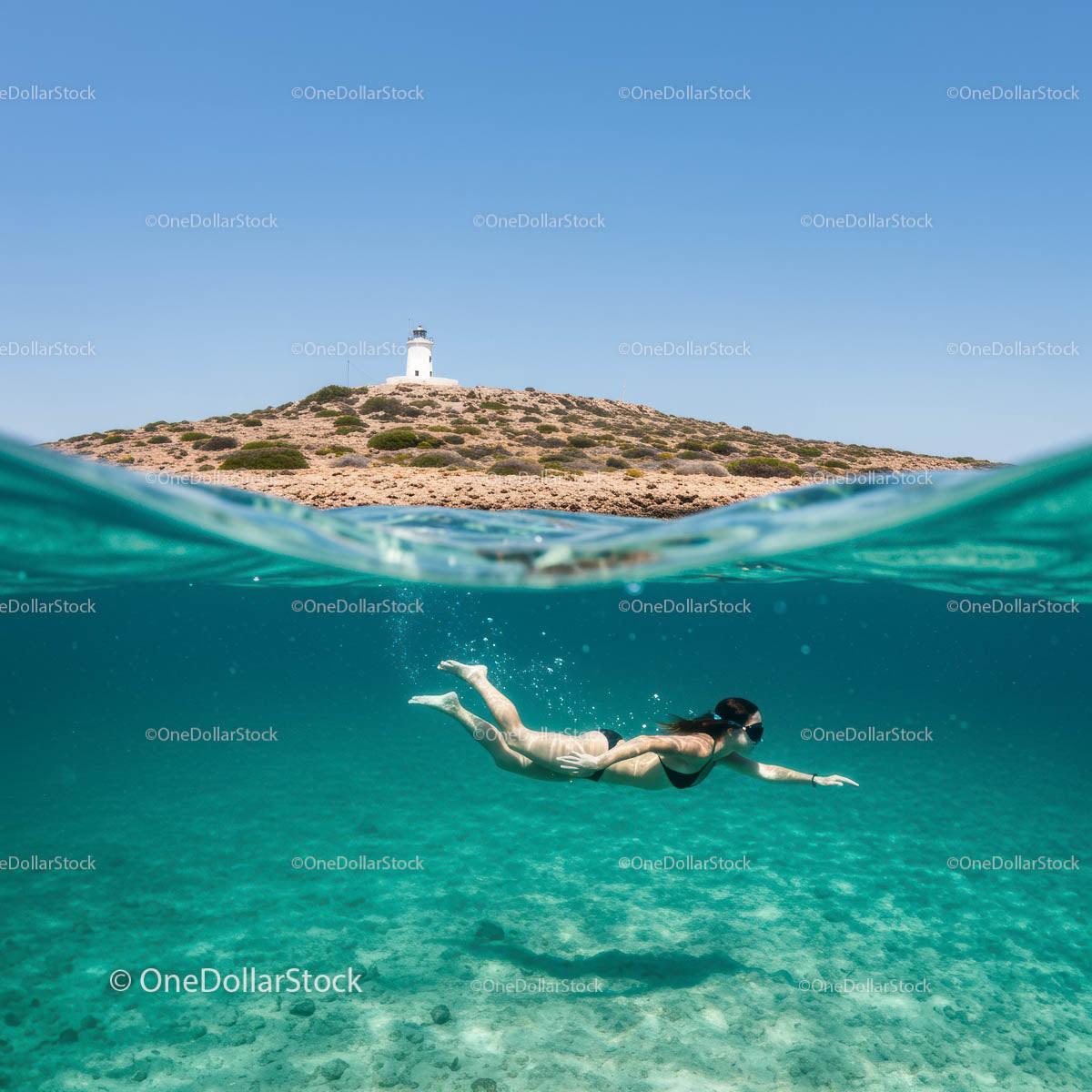 Woman Swimming Under Clear Waters Near Lighthouse Island