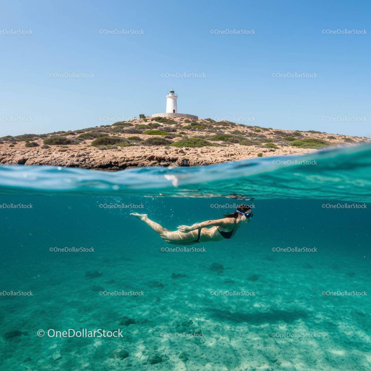 Snorkeling in Clear Waters Near a Coastal Lighthouse