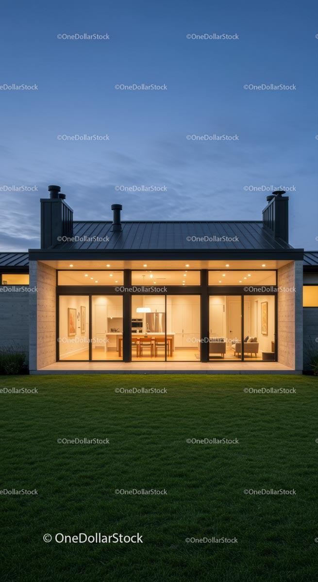 Modern Glass Facade House at Twilight with Illuminated Interior Stock Photo Bundle preview 7